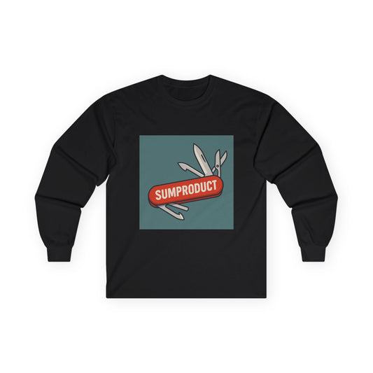 Black Long Sleeve Tee with Sumproduct Swiss Army Knife Box Logo. Perfect as an excel gift idea for colleague who loves the sumproduct function.