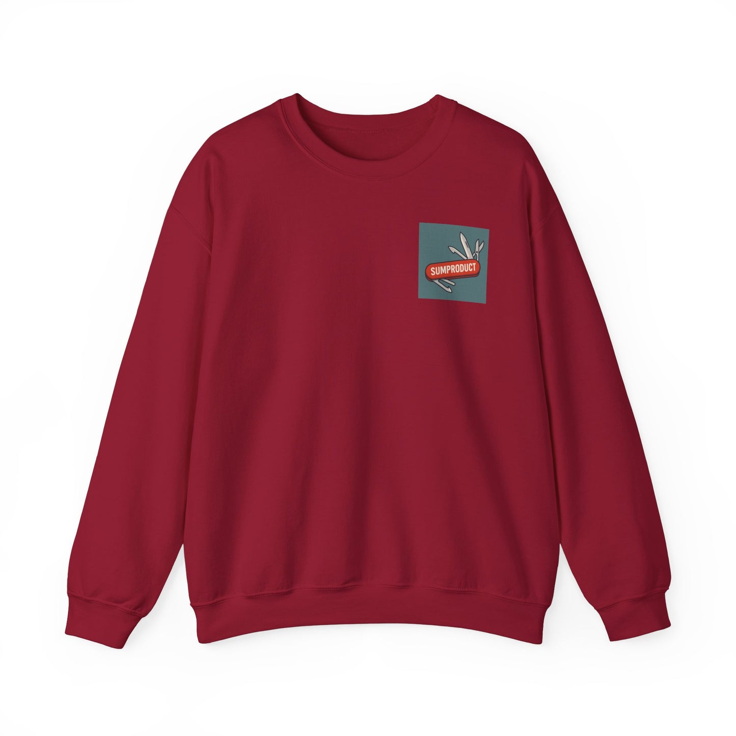Cardinal red crewneck sweatshirt with Excel-inspired Swiss Army knife logo on left chest, shown on blue background