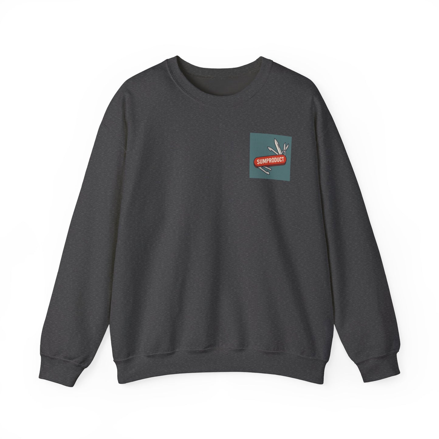 Excel gift sweatshirt in dark heather with SUMPRODUCT Swiss Army knife logo — perfect for spreadsheet professionals