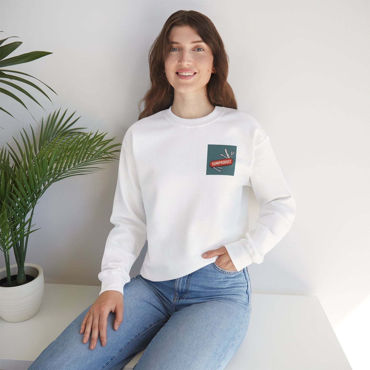 Unisex Crewneck sweatshirt - excel gift and gearfor data pros. Sumproduct logo on swiss army knife demonstrating versatility of the excel sumproduct function.