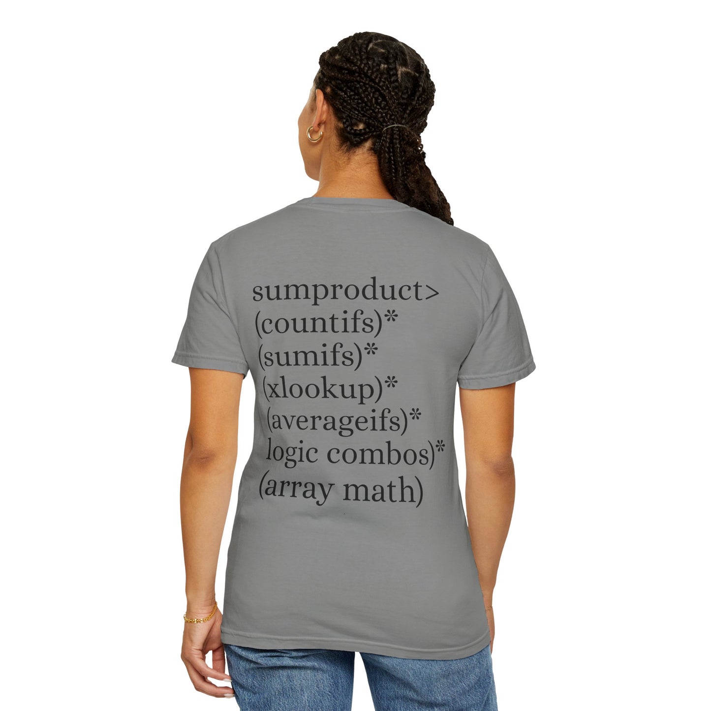 Granite T-Shirt Female with back logo showing sumproduct being greater than various excel functions. Perfect for a gift for work colleague who is a excel fan or excel merch.