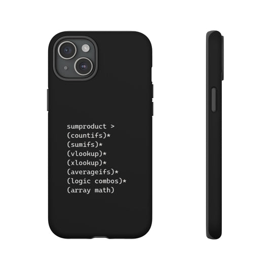 Black iPhone 15 Case. Image showing sumproduct being greater than various functions such as countif and vlookup. Funny gift for work colleague or merch for excel fans.