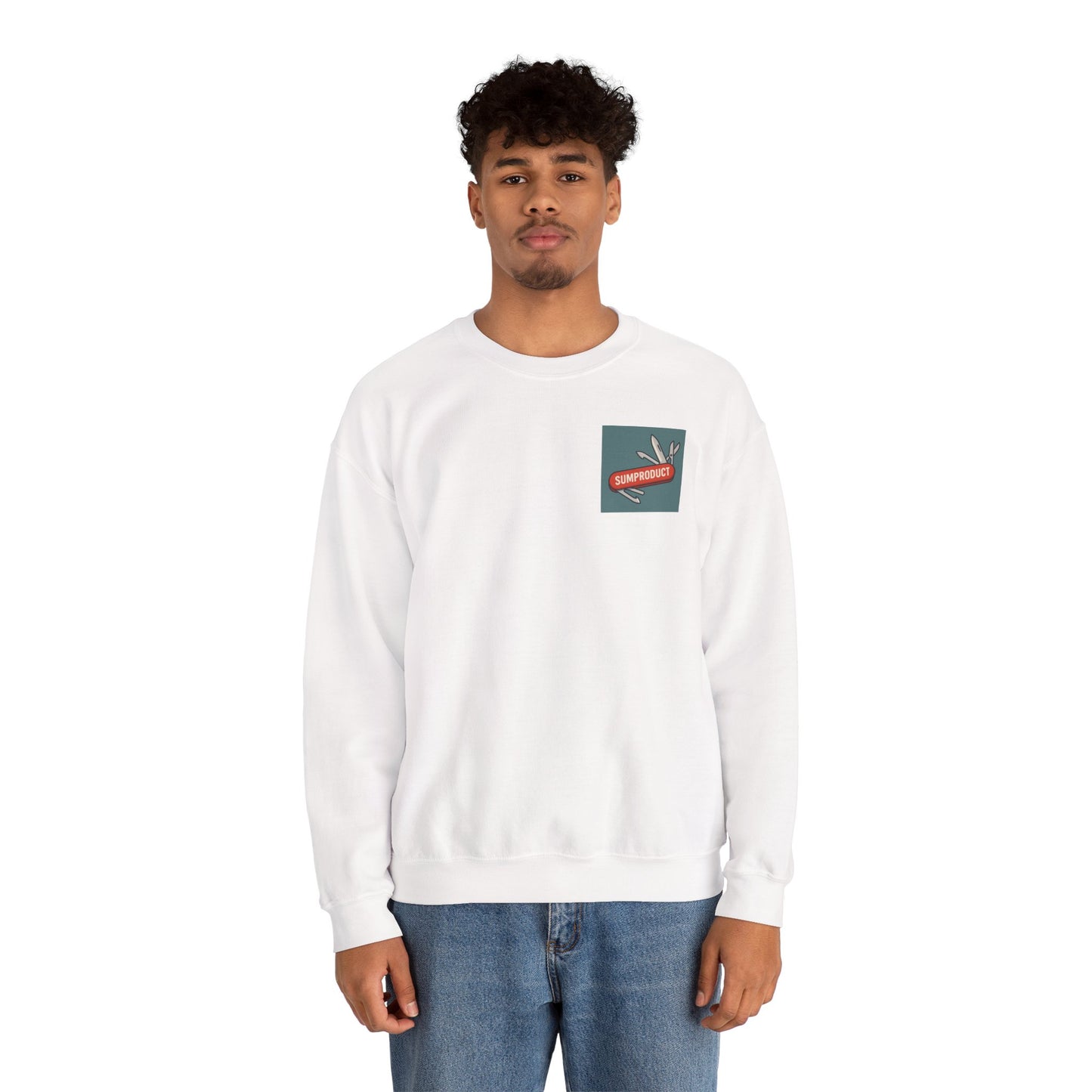 Model 1 Crewneck Sweatshirt - Excel Gift for data pros. Left chest swiss army knife logo with sumproduct written on swiss army knife. This is to show that sumproduct can do lots of things and is versatile.