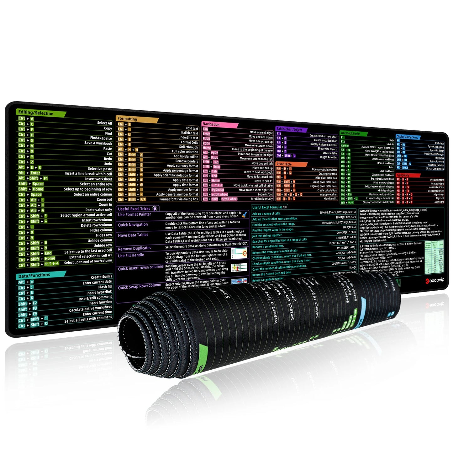 Excel Shortcuts Mouse Pad Large Extended Desk Mat Keyboard