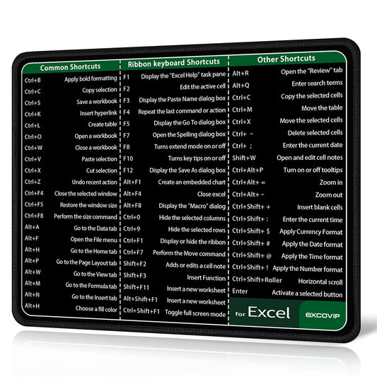 Excel Shortcuts Mouse Pad with Stitched Edge Non-Slip Rubber Base