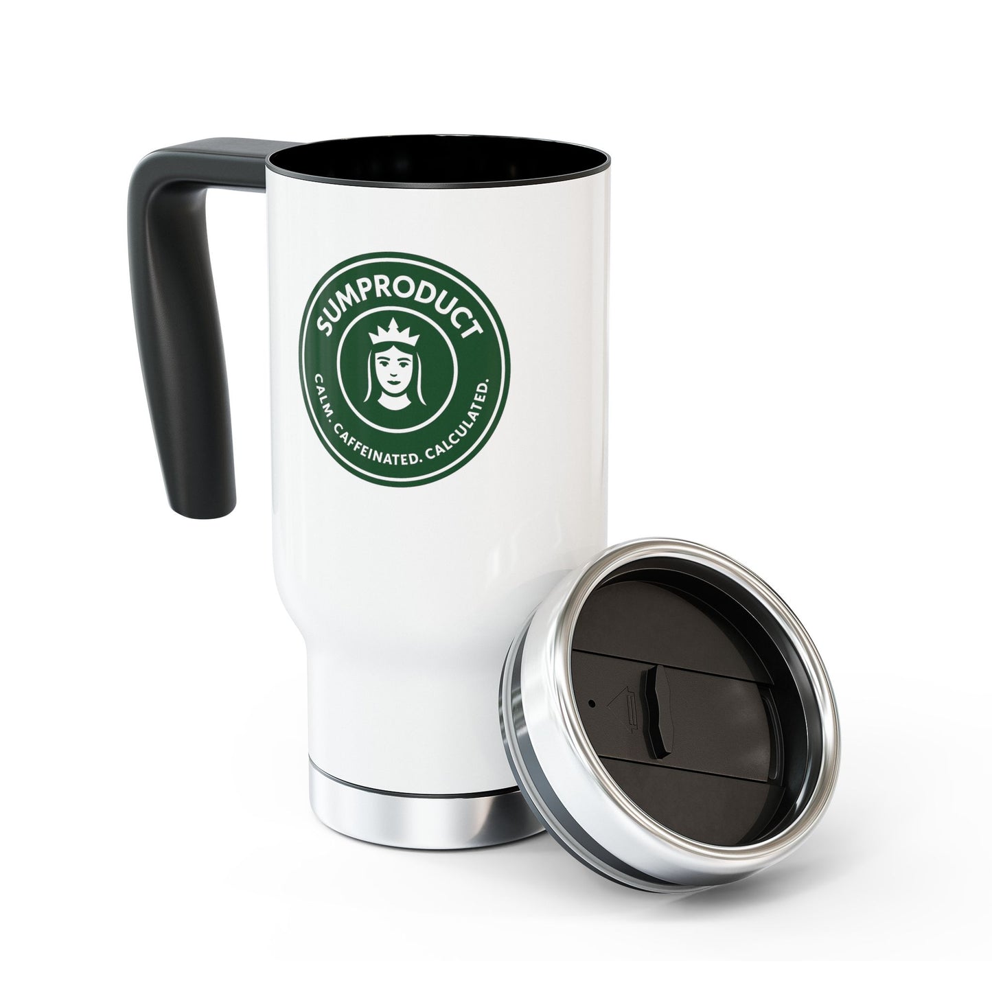 White Travel Coffee Mug with side view of logo Sumproduct logo and phrase calm, caffeinated & calculated. Funny excel gift idea for colleagues for accountants or finance pros.
