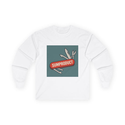 White Long Sleeve Tee with Sumproduct Swiss Army Knife Box Logo. Perfect as an excel gift idea for colleague who loves the sumproduct function.