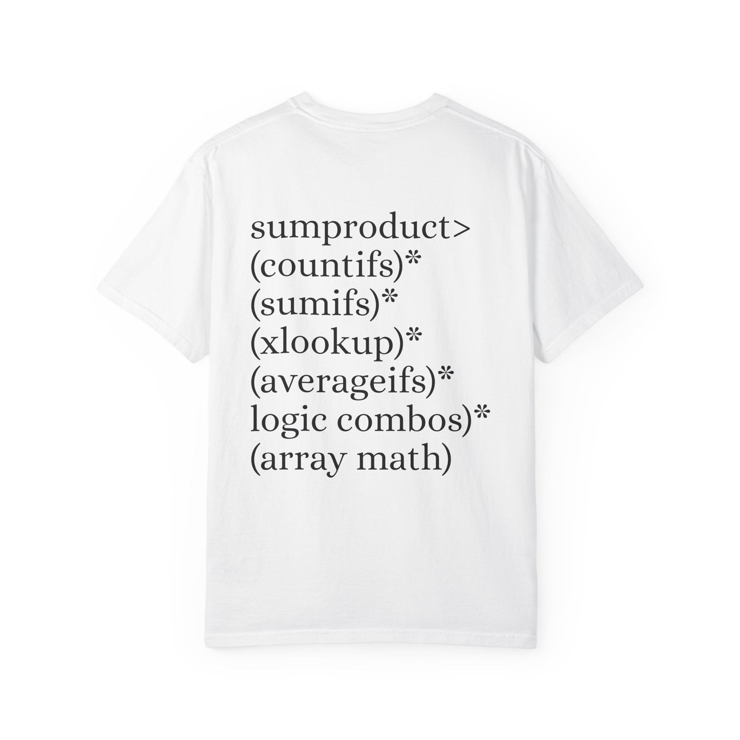 with back logo showing sumproduct being greater than various excel functions. Perfect for a funny excel gift for a colleague who loves excel formulas
