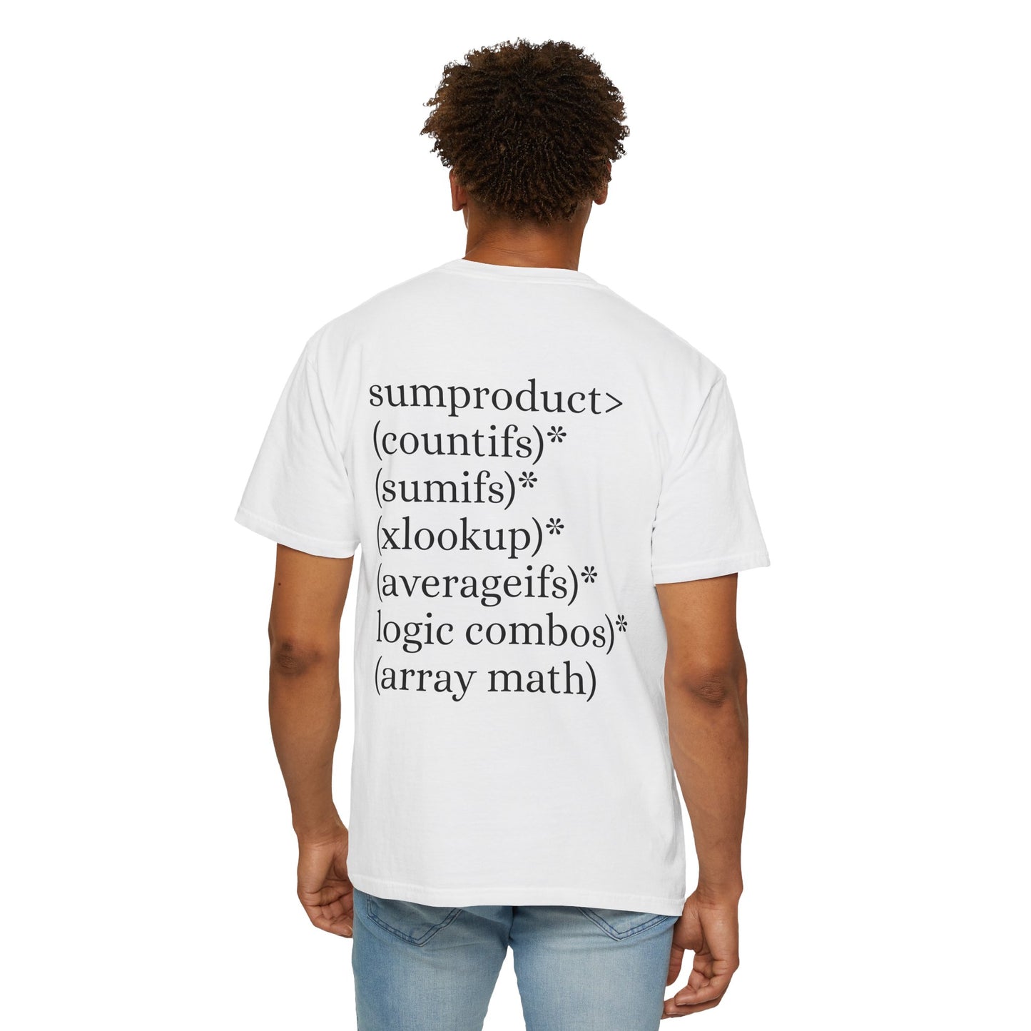 White T-Shirt Male Model with back logo showing sumproduct being greater than various excel functions. Perfect for a gift to a work colleague who is a excel fan or excel merch.