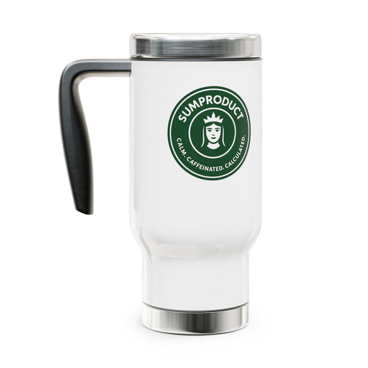 White Travel Coffe Mug. Logo with Sumproduct. Caption saying calm, caffeinated & calculated. Perfect gift for accountants or finance pros. Also good excel merch.