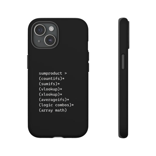 Black iPhone 15 Case. Image showing sumproduct being greater than other functions such as vlookup. Perfect for funny excel gift or for excel merch. gift idea for colleague