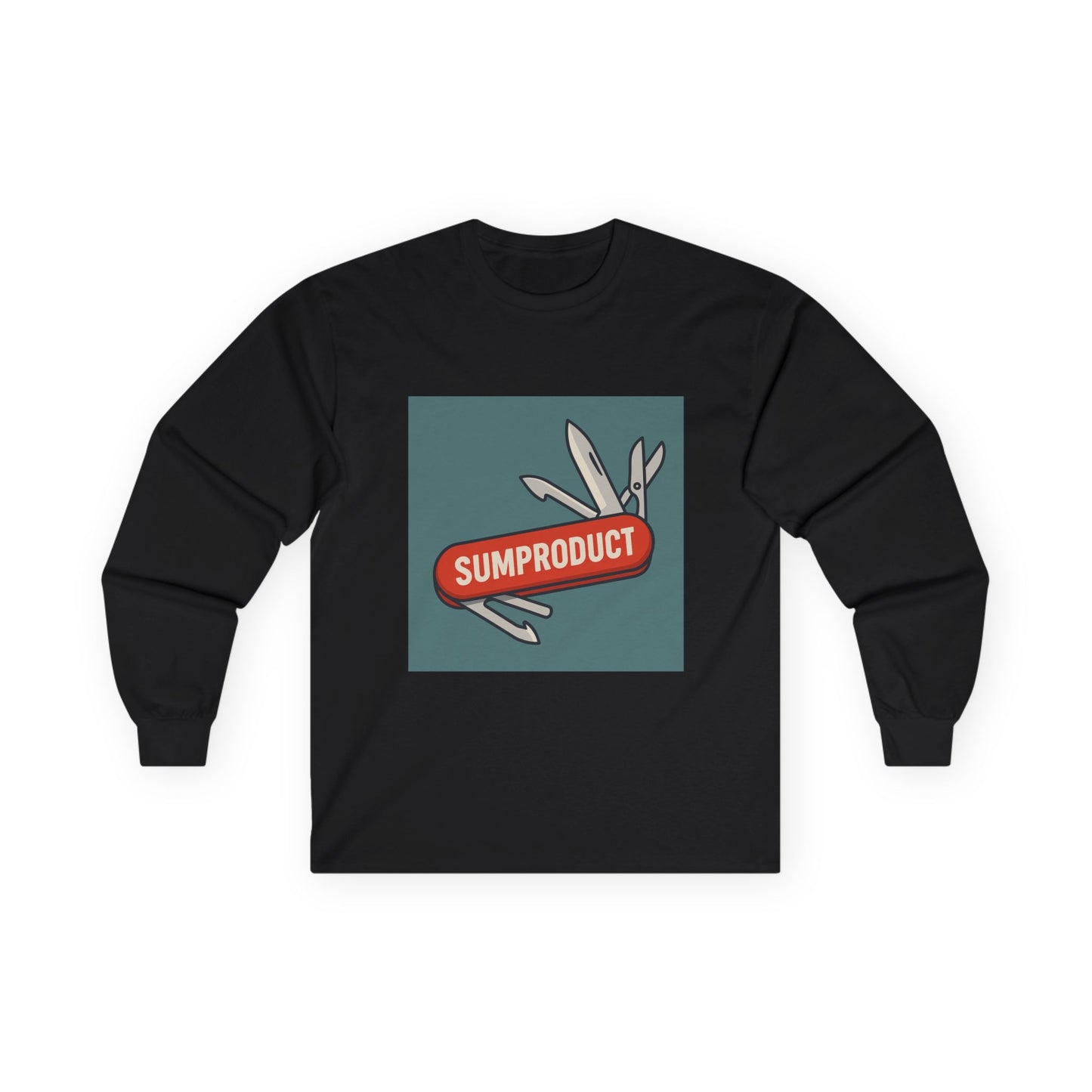 Black Long Sleeve Tee with Sumproduct Swiss Army Knife Box Logo. Perfect as an excel gift idea for colleague who loves the sumproduct function.