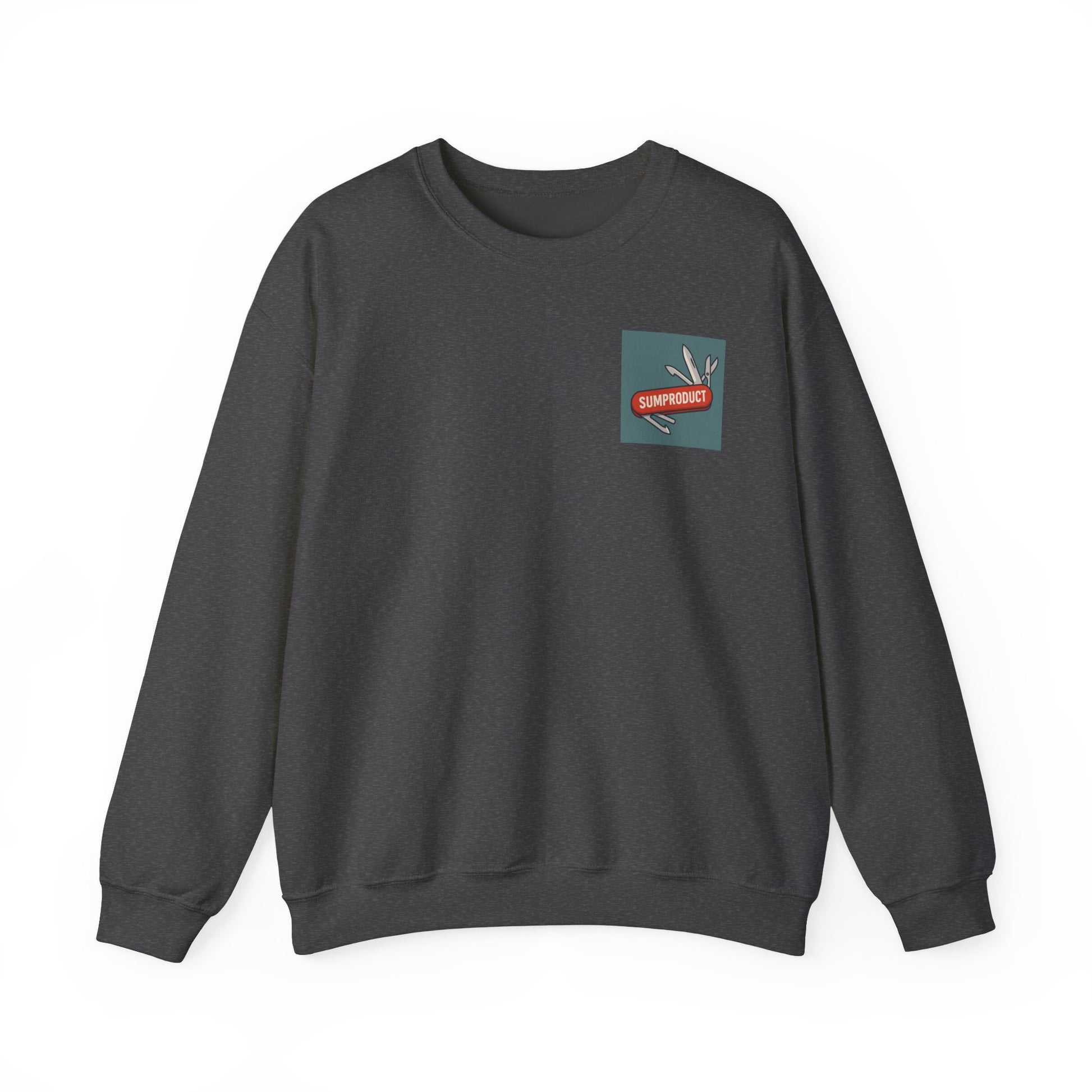 Excel gift sweatshirt in dark heather with SUMPRODUCT Swiss Army knife logo — perfect for spreadsheet professionals