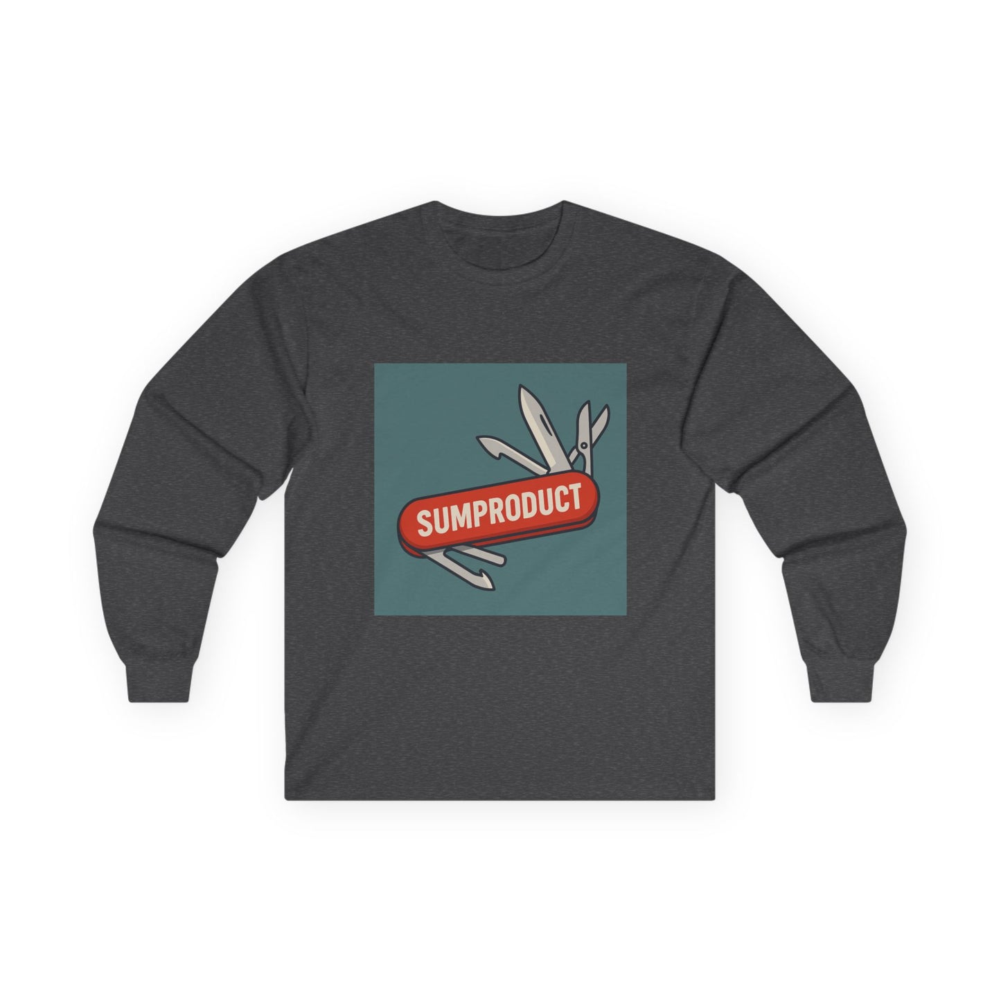 Dark Heather Long Sleeve Tee with Sumproduct Swiss Army Knife Box Logo. Perfect for a leaving gift for a colleague who loves the sumproduct function.