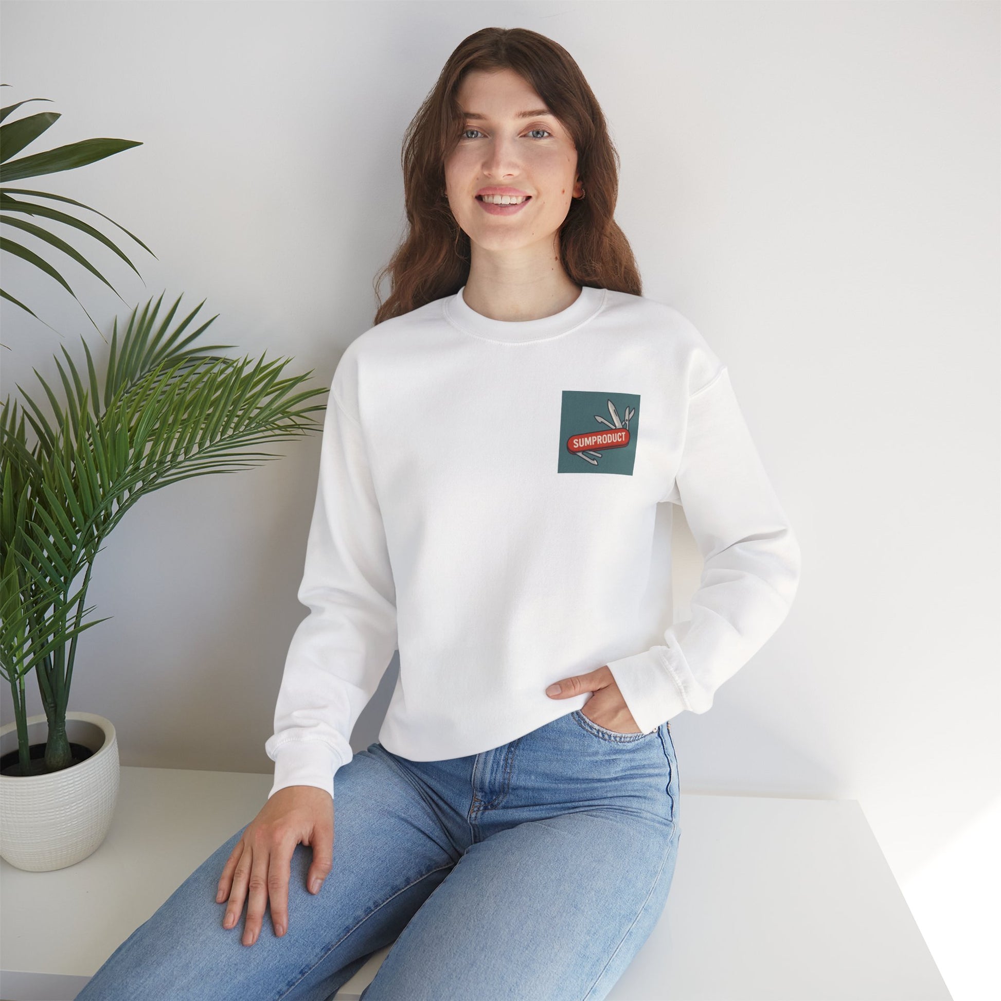 Unisex Crewneck sweatshirt - excel gift and gearfor data pros. Sumproduct logo on swiss army knife demonstrating versatility of the excel sumproduct function.