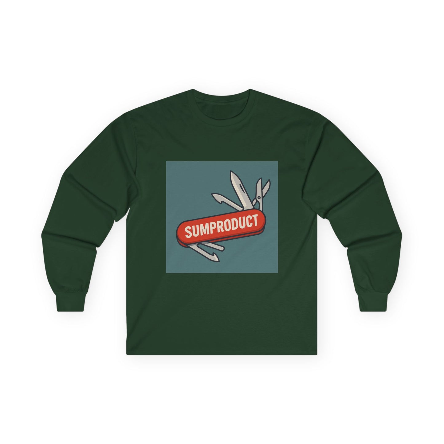 Forest Green Long Sleeve Tee with Sumproduct Swiss Army Knife Box Logo. Perfect as an excel gift for a colleague who loves the sumproduct function.