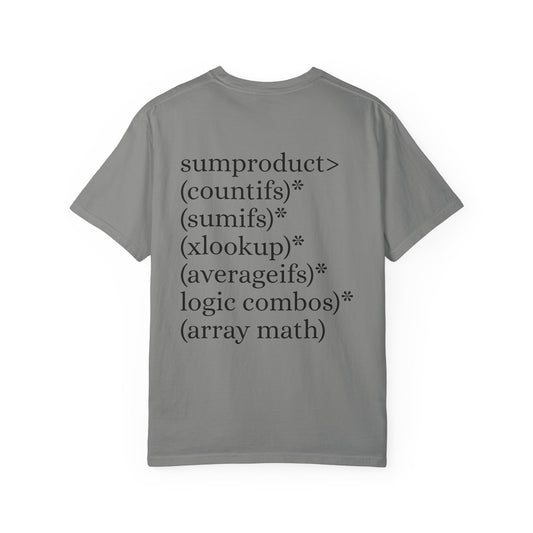 Granite T-Shite No Model with back logo showing sumproduct being greater than various excel functions. Perfect for an funny excel gift for a work colleague who loves excel formulas