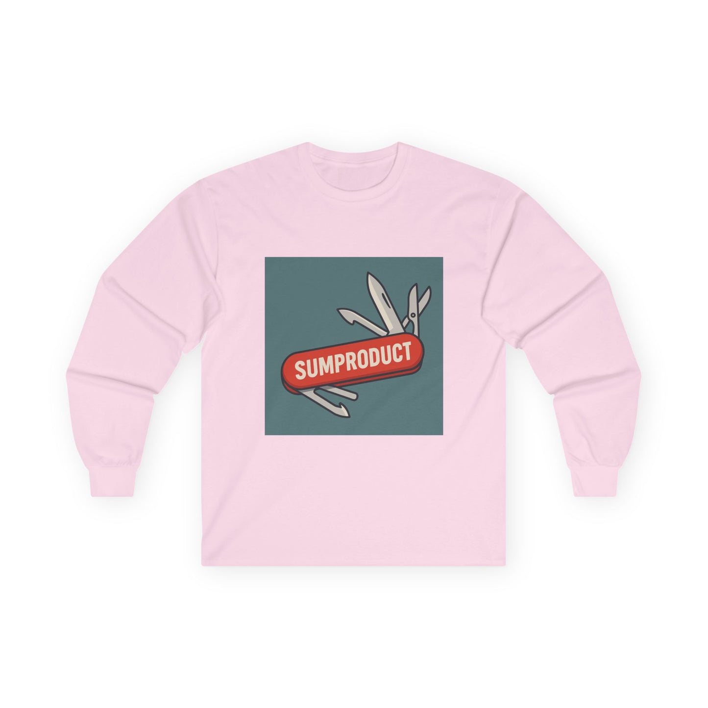 Light Pink Long Sleeve Tee with Sumproduct Swiss Army Knife box logo on front. Perfect gift for colleagues who are excel fans.