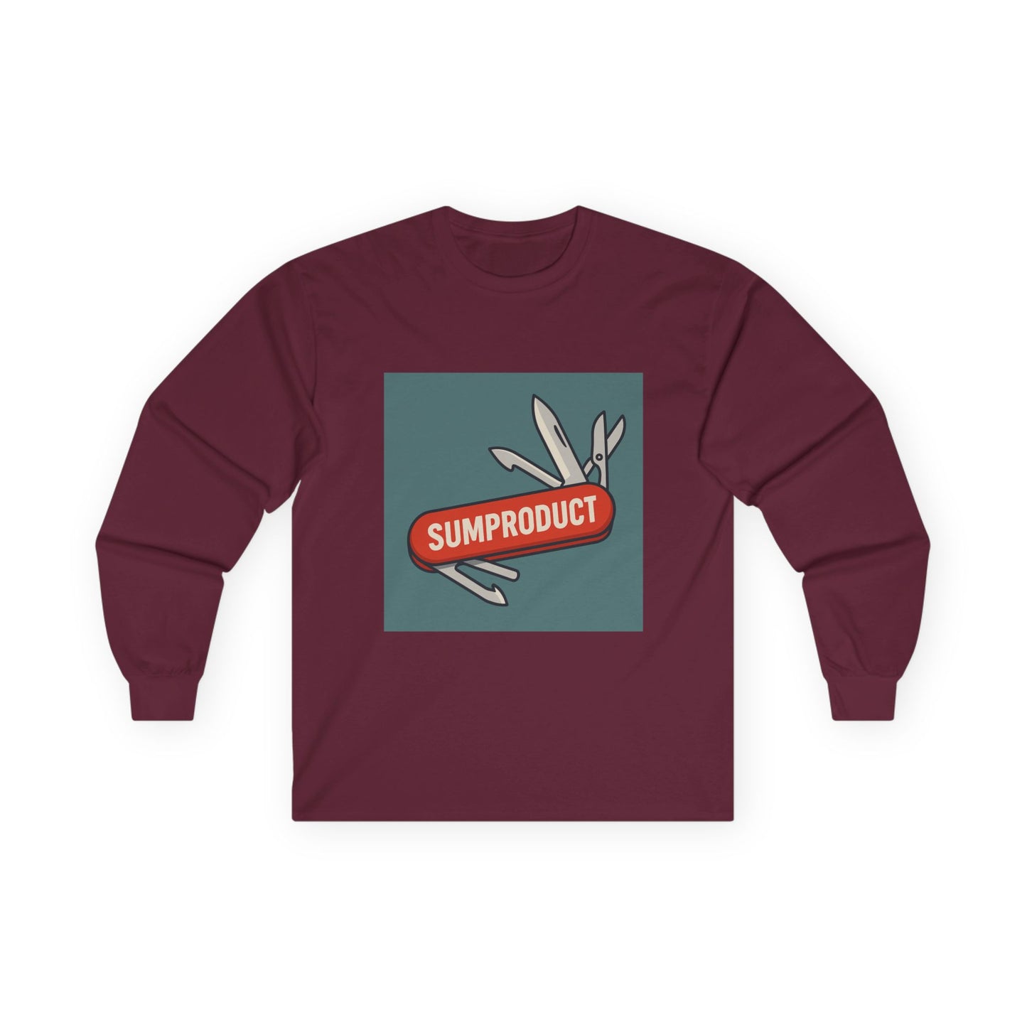 Maroon Long Sleeve Tee with Sumproduct Swiss Army Knife Box Logo. Perfect as an excel gift for a work colleague who loves the sumproduct function.