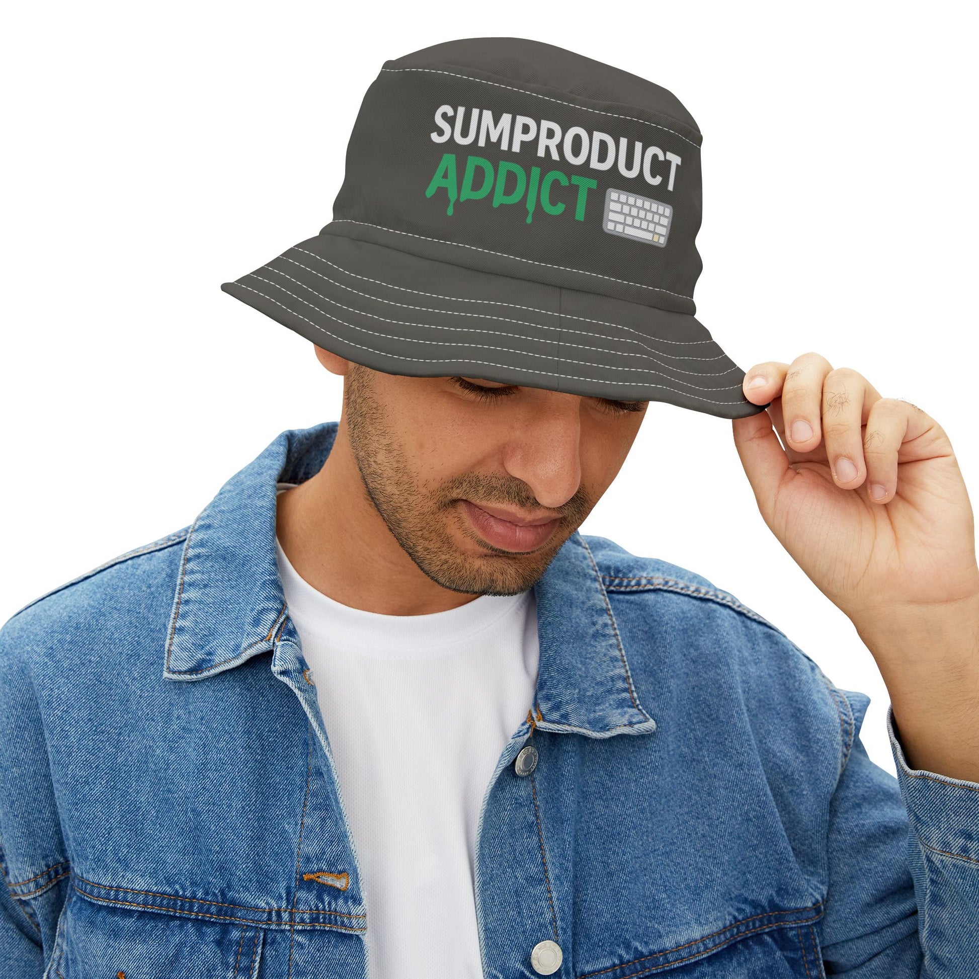 Bucket Hats for Excel Nerds as Excel Gifts. Front facing, black colour with white stitching. SumproductAddict logo with keyboard.