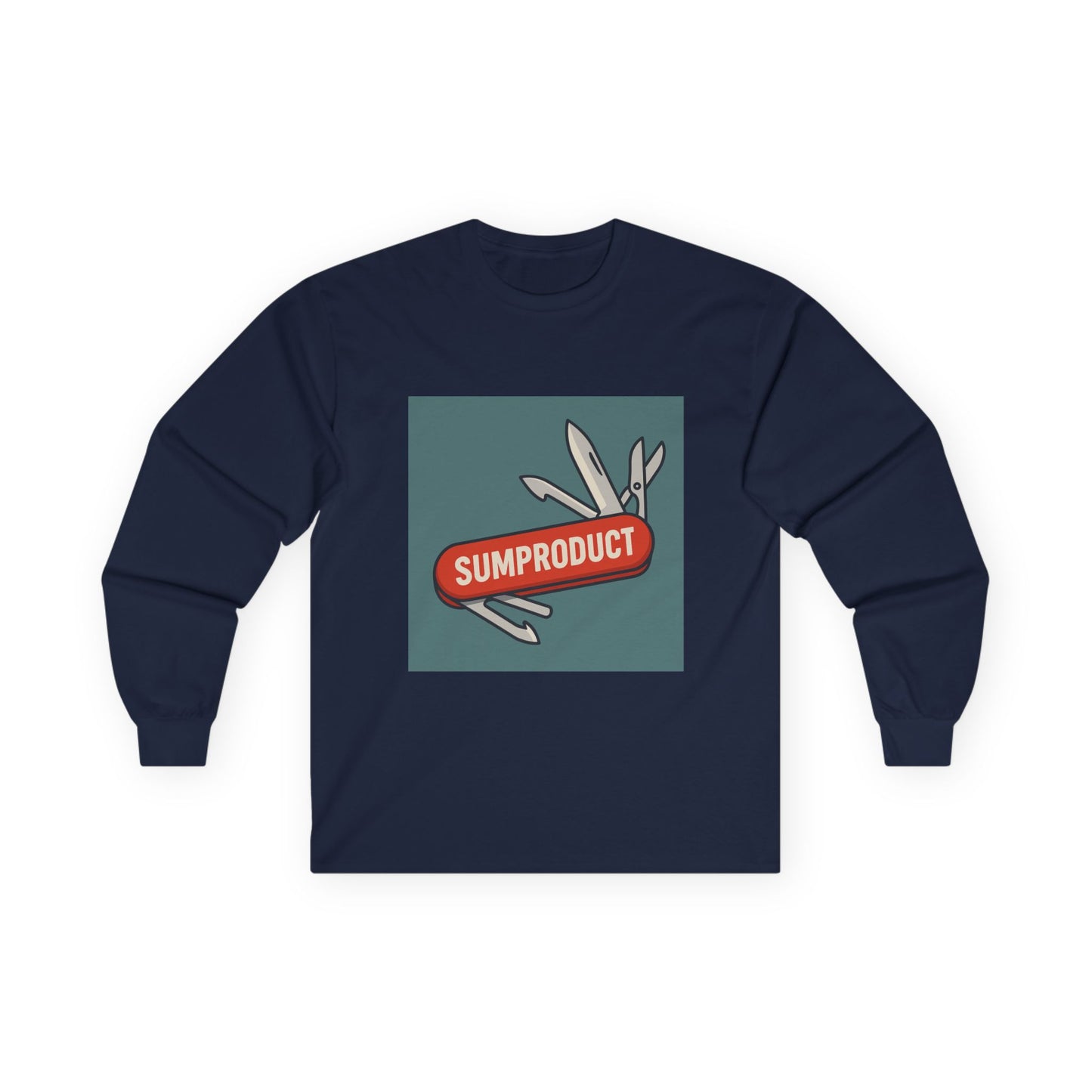Navy Long Sleeve Tee with Sumproduct Swiss Army Knife Box Logo. Perfect for a gift to a colleague who loves sumproduct function.