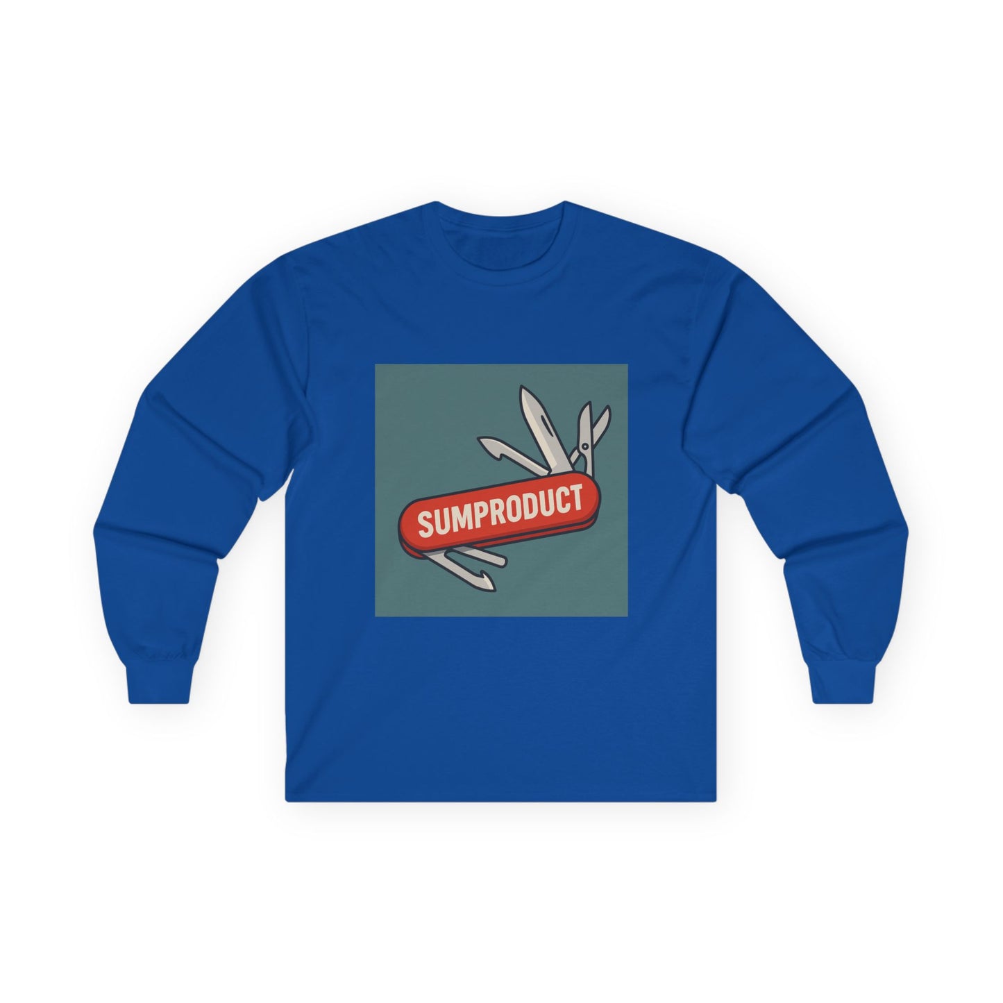 Royal Blue Long Sleeve Tee with Sumproduct Swiss Army Knife Box Logo. Perfect for a gift for colleague who loves sumproduct function and is an excel fan.