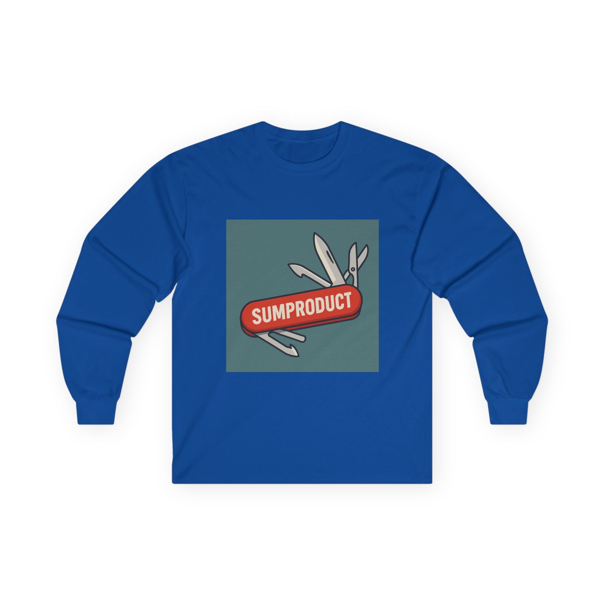 Royal Blue Long Sleeve Tee with Sumproduct Swiss Army Knife Box Logo. Perfect for a gift for colleague who loves sumproduct function and is an excel fan.