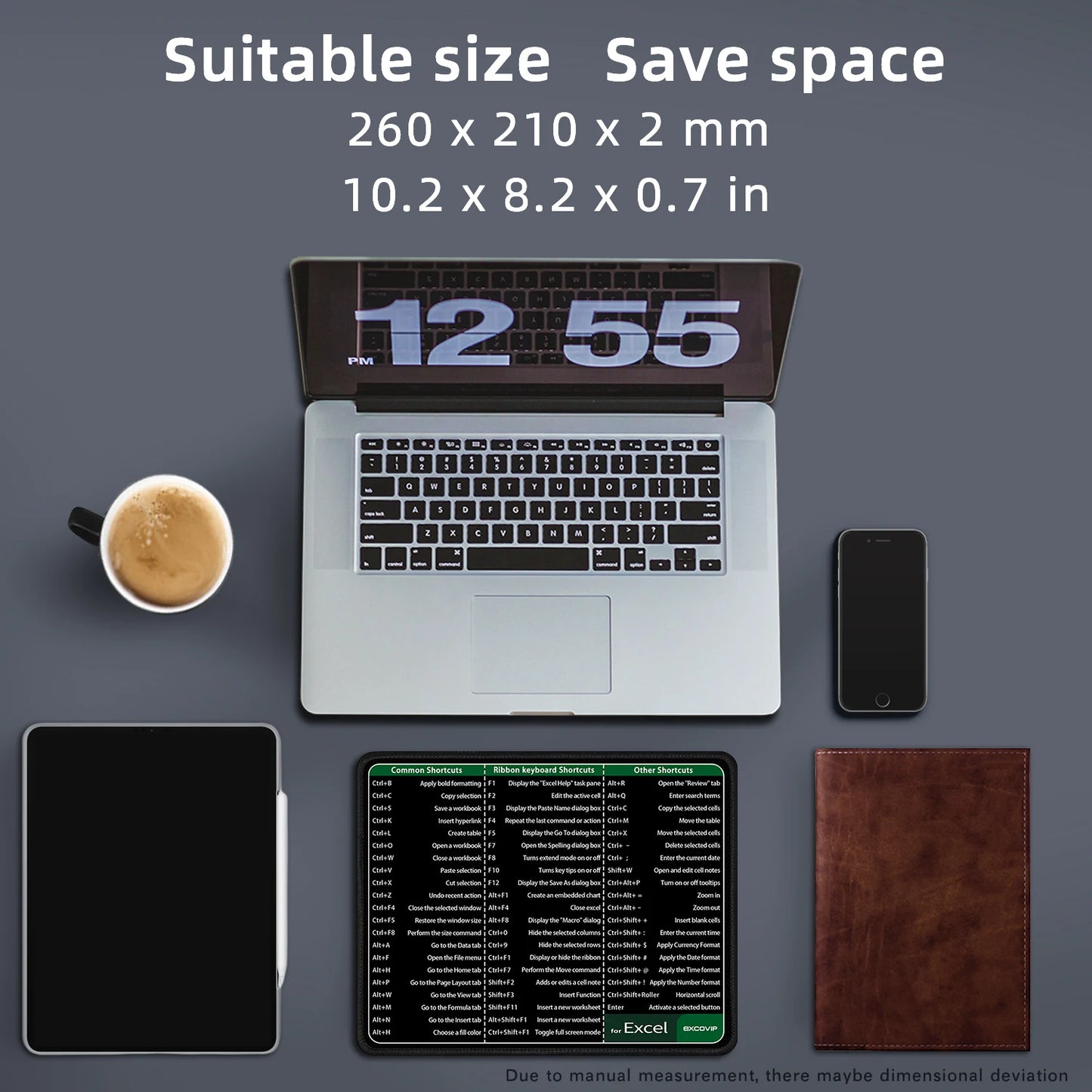Excel Shortcuts Mouse Pad with Stitched Edge Non-Slip Rubber Base