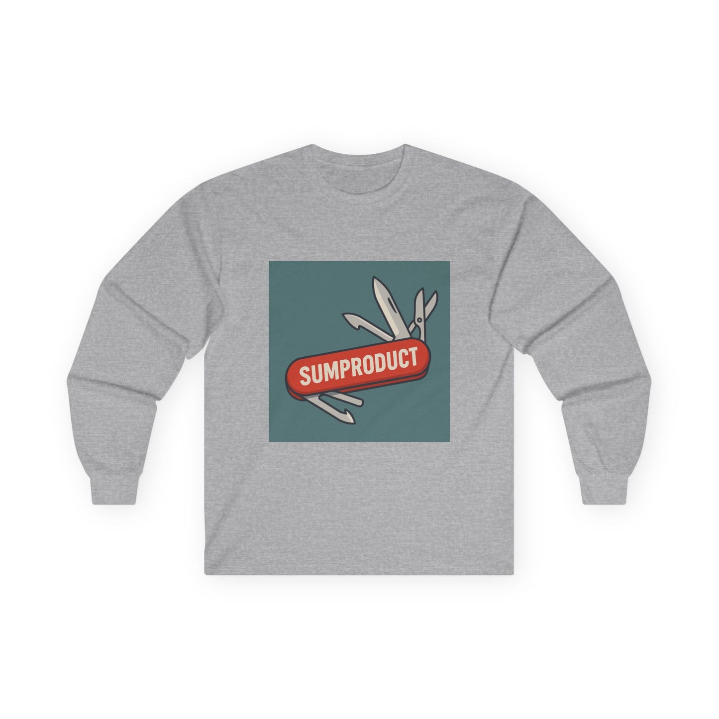 Sport Grey Long Sleeve Tee with Sumproduct Swiss Army Knife Box Logo. Perfect as an excel gift for a work colleague who loves the sumproduct function.