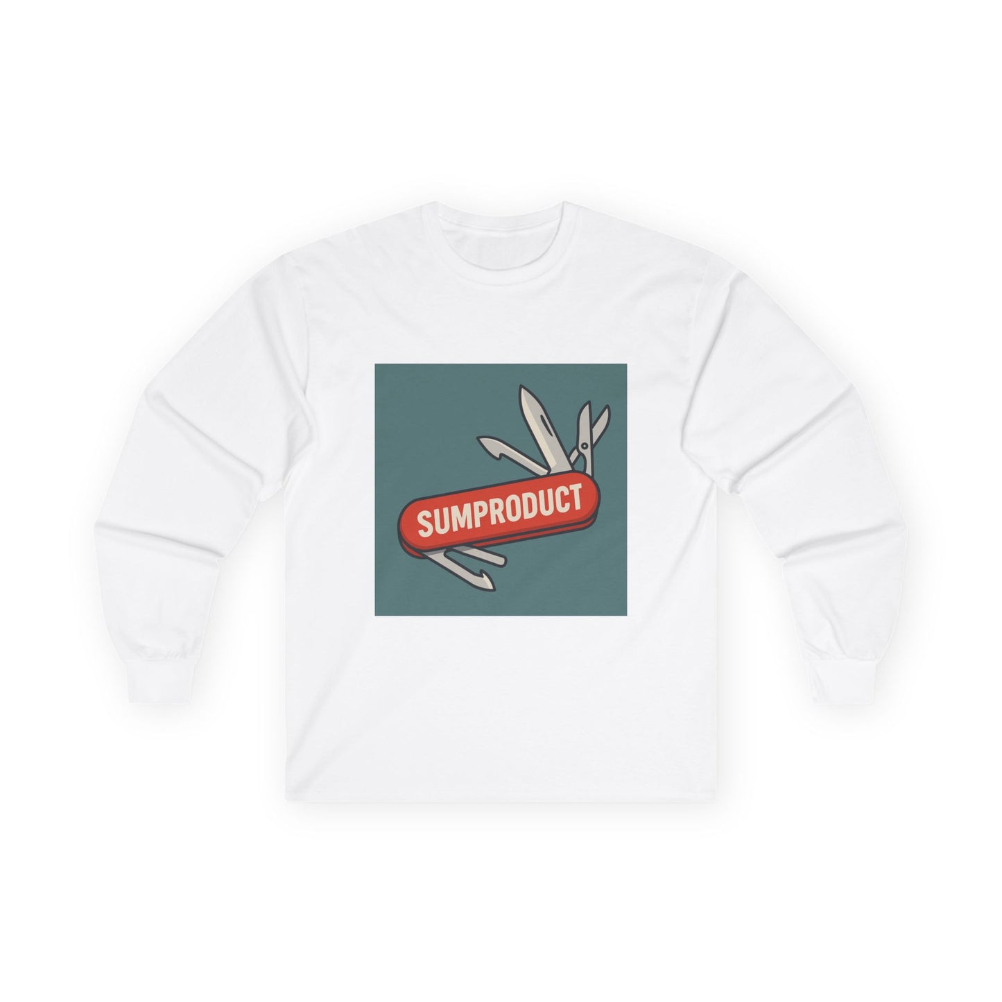 White Long Sleeve Tee with Sumproduct Swiss Army Knife Box Logo. Perfect as an excel gift idea for colleague who loves the sumproduct function.
